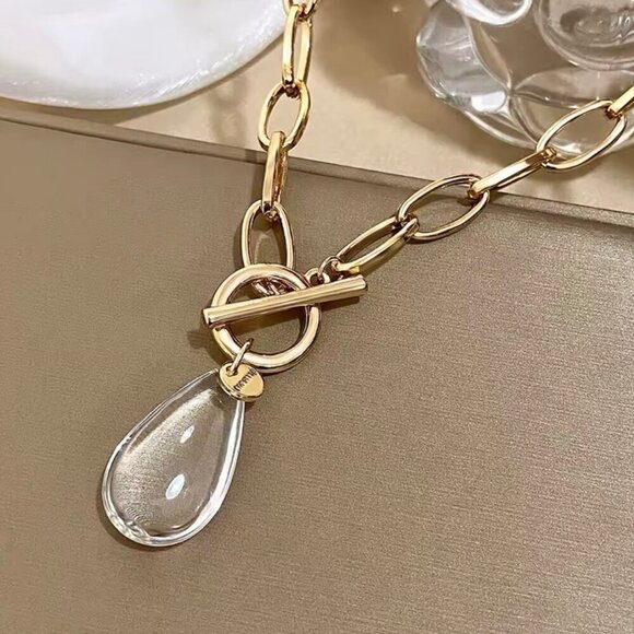 New Chunky Chain Necklace Cleat Crystal Pendant Toggle Clasp 18K Plated - Picture 2 of 9